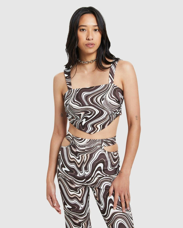 Tammy Swirl Print Tie Back Bodice Brown 3 Tammy Swirl Print Tie Back Bodice Brown