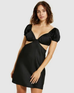 Gisele Satin Puff Sleeve Dress Black