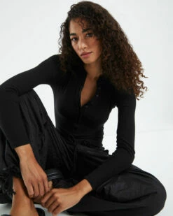 Button Front Long Sleeve Bodysuit Black