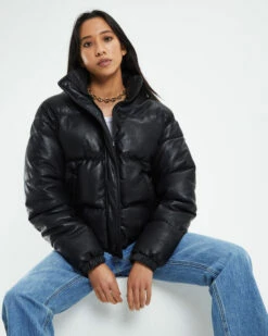 Lennon Leather Look Puffa Jacket Black