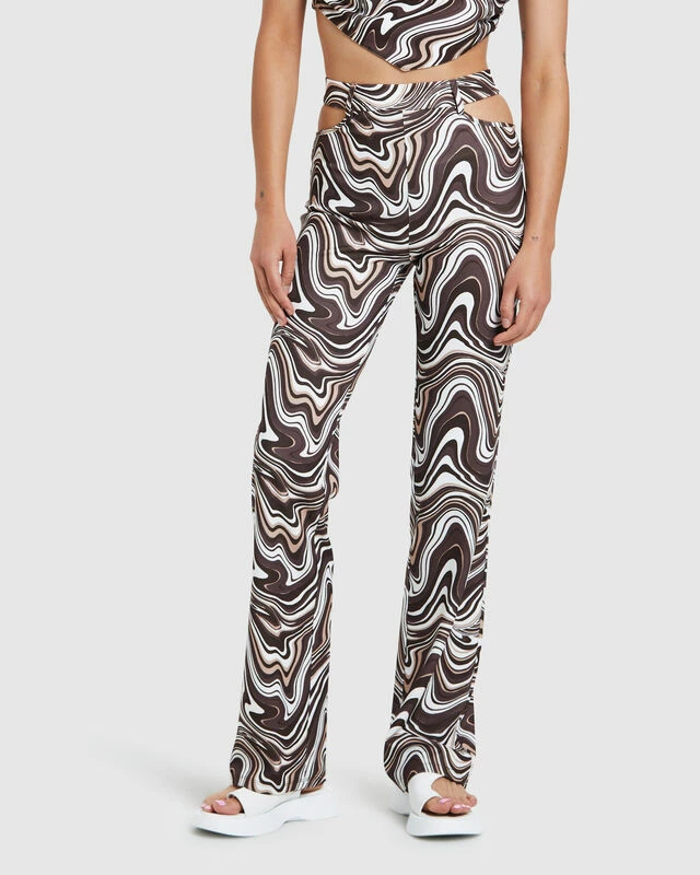 Tammy Swirl Print Cut Out Soft Pants Brown 3 Tammy Swirl Print Cut Out Soft Pants Brown