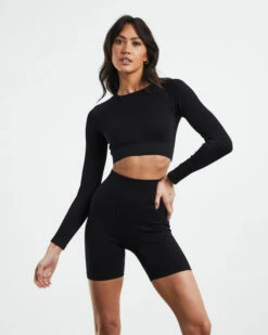 Long Sleeve Rib Crop Top Black