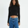 Ribbed Long Sleeve Crop Skivvy Black