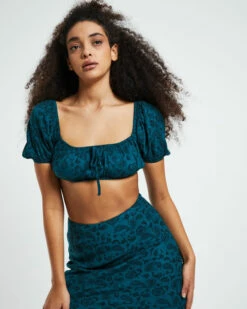 Ava Paisley Gathered Square Neck Top Green