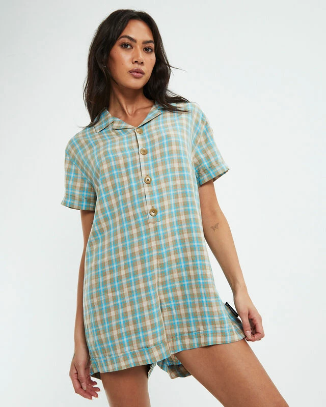 Afends Hemp Playsuit Tan Check 3 Afends Hemp Playsuit Tan Check