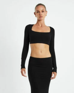 Polly Slinky Long Sleeve Crop Top Black