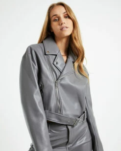 Enya Boxy PU Biker Jacket Grey