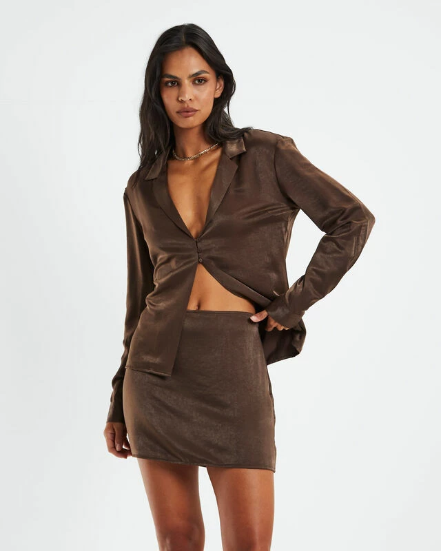 Esme Silky Longline Shirt Chocolate Brown 3 Esme Silky Longline Shirt Chocolate Brown