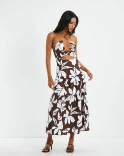 Niah Tiered Tie Up Dress Brown/White