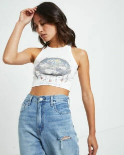 Wolf Dreamscape Crop Rib Tank Top Vintage White