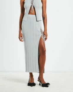 Sadie Tied Up Lurex Knit Midi Skirt Grey