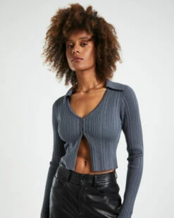 Willow Hook Front Knit Long Sleeve Top Slate Gray