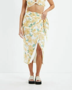 Amalfi Floral Sarong Wrap Midi Skirt Yellow
