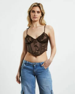 BDG Urban Outfitters Sateen Corset Top Chocolate Brown