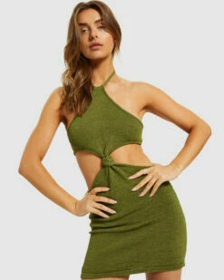 Jayla Knot Front Knit Dress Khaki