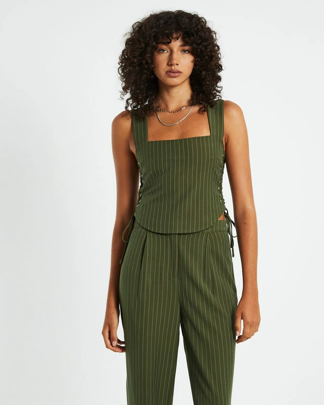 Addison Pinstripe Tie Side Corset Top Green 3 Addison Pinstripe Tie Side Corset Top Green