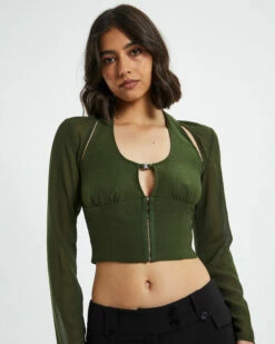 Kamali Hook Front Long Sleeve Halter Top Green