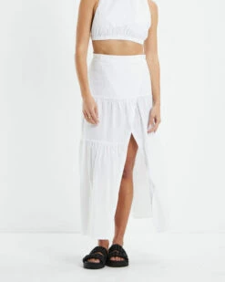 Ivy Wrap Linen Tiered Skirt White