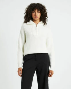 Ezra Half Zip Knit Pull Over Jumper Off White