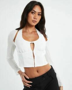 Kamali Hook Front Long Sleeve Halter Top White