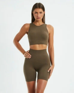 High Neck Sports Crop Top Cocoa Brown