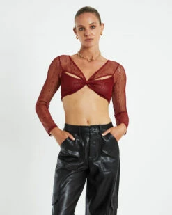 Emery Shimmer Mesh Long Sleeve Top Garnet Red