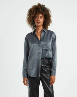 Tina Silky Oversized Long Sleeve Shirt Charcoal
