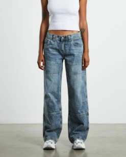 Emison Low Rise Paneled Straight Leg Jeans Faded Stone Wash Blue