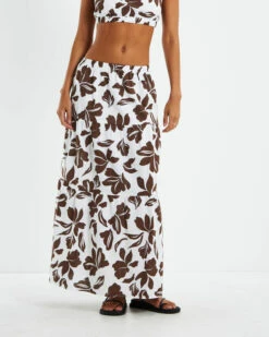 Niah Linen Tiered Midi Skirt Brown/White