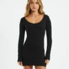 Open Neck Long Sleeve Dress Black