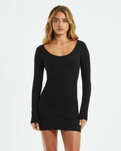 Open Neck Long Sleeve Dress Black