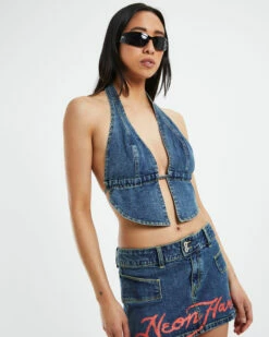 Trinity Butterfly Hem Denim Halter Top Blue