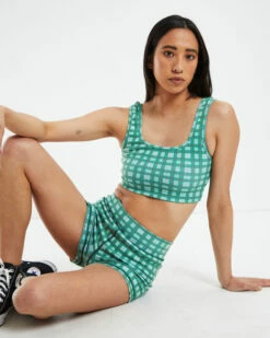 Afends Hemp Rib Check Sleeveless Crop Top Forest Green