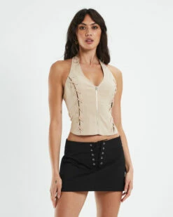 Maxine Lace Front Longline Zip Corset Tan