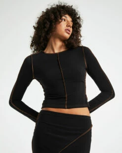 Amelie Slinky Contrast Long Sleeve Top Black