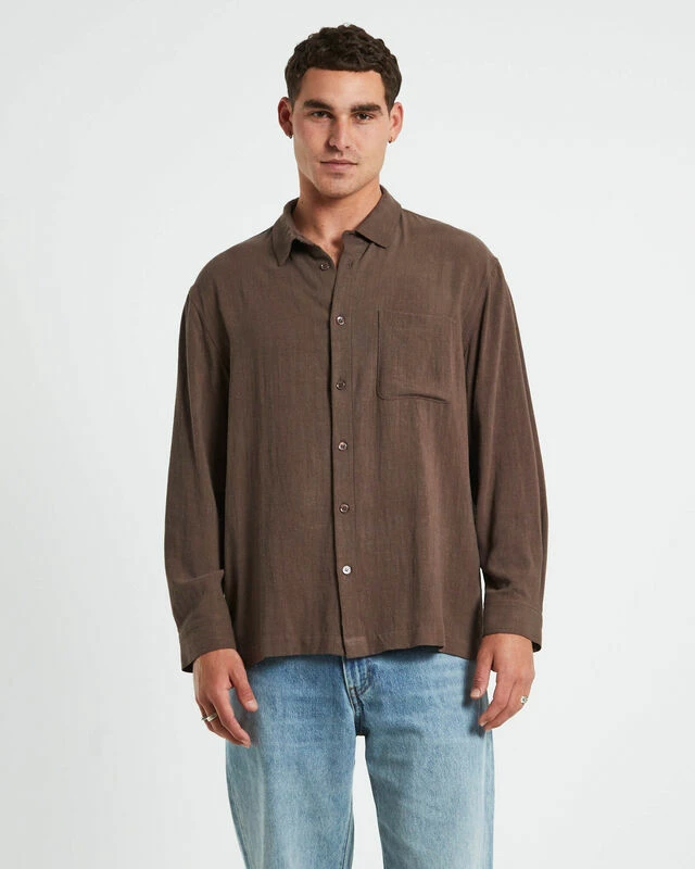 Harrison Linen Long Sleeve Shirt In Umber Brown 3 Harrison Linen Long Sleeve Shirt In Umber Brown