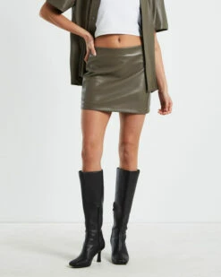 Phoebe Leather Look Mini Skirt In Putty Brown