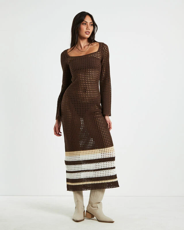 Kimmy Crochet Stripe Midi Dress Chocolate In Brown 3 Kimmy Crochet Stripe Midi Dress Chocolate In Brown