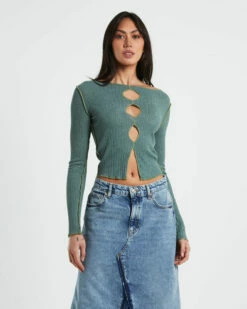 BDG Urban Outfitters BDG Cut Out Long Sleeve Top Green