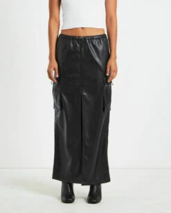 Phoebe Leather Look Cargo Skirt Black