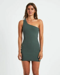 Luxe Knitted One Shoulder Mini Dress In Green