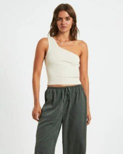 Luxe Knitted One Shoulder Top In Vintage Stone