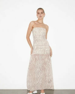 Studio Cassie Ruched Low Strapless Dress In Beige