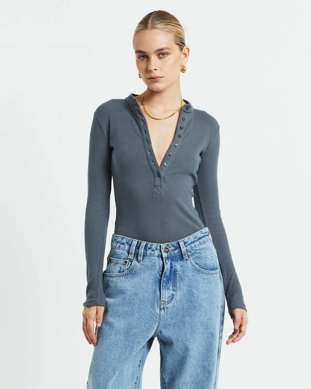 Button Front Long Sleeve Bodysuit In Slate Grey 3 Button Front Long Sleeve Bodysuit In Slate Grey