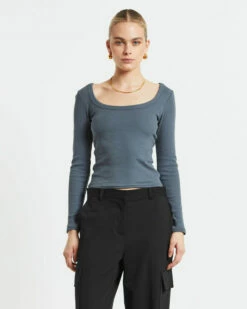 Open Neck Long Sleeve Top In Slate Grey