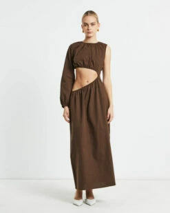 Isobel One Shoulder Cut Out Midi Dress In Chocolate