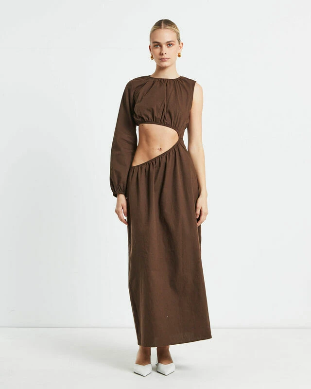 Isobel One Shoulder Cut Out Midi Dress In Chocolate 3 Isobel One Shoulder Cut Out Midi Dress In Chocolate