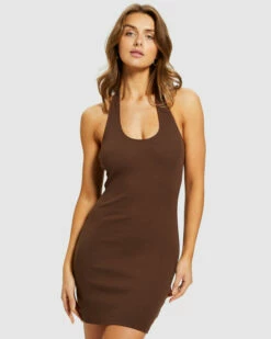 Halter Neck Fitted Dress Chocolate Brown