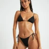 Rib Skinny Strap Triangle Bikini Top In Black