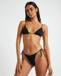 Rib Skinny Strap Triangle Bikini Top In Black